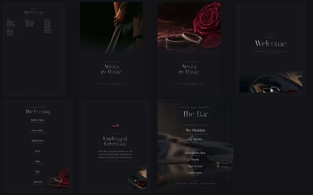 The full Obsidian Vow Day-Of signage set, laid out together