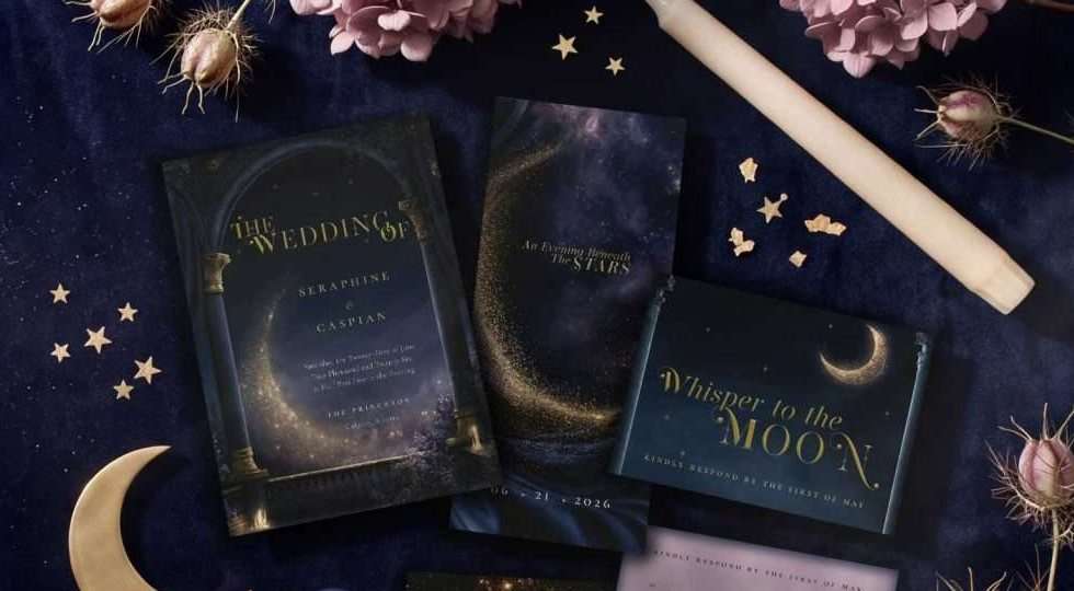 Midnight Celestial wedding invitation, save the date and RSVP card on navy velvet with gold stars
