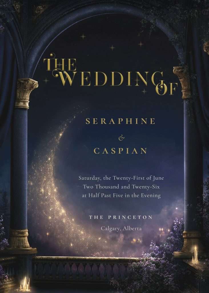 Midnight Celestial wedding invitation with a starlit archway, a gold crescent moon and starforge gold lettering