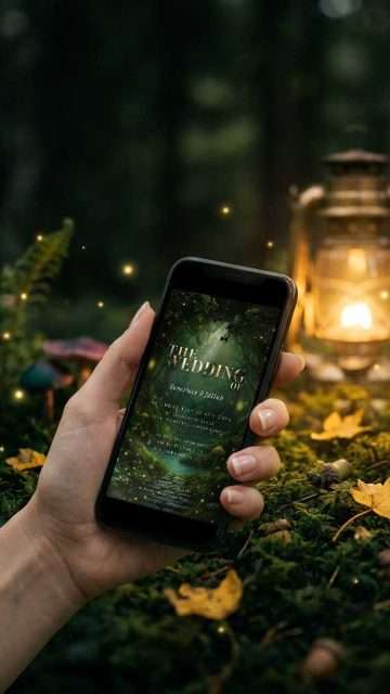 Enchanted Forest mobile wedding invitation shown on a phone screen