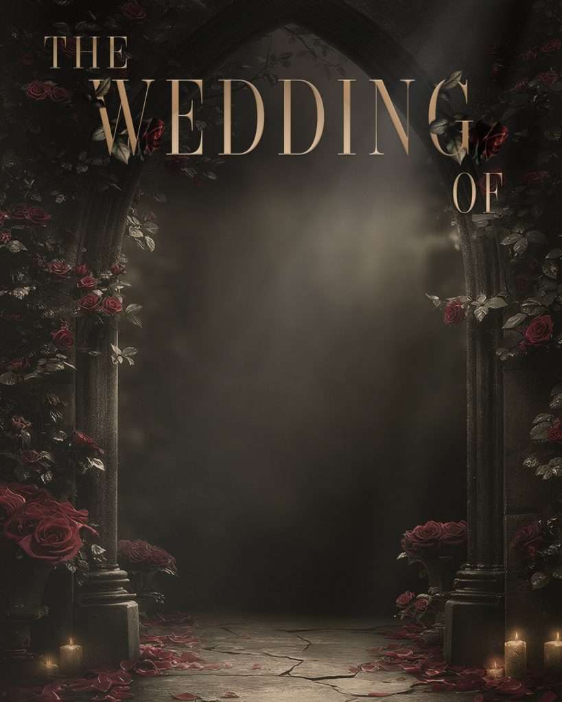 Gothic cathedral archway with candlelight and dark roses, styling inspiration only