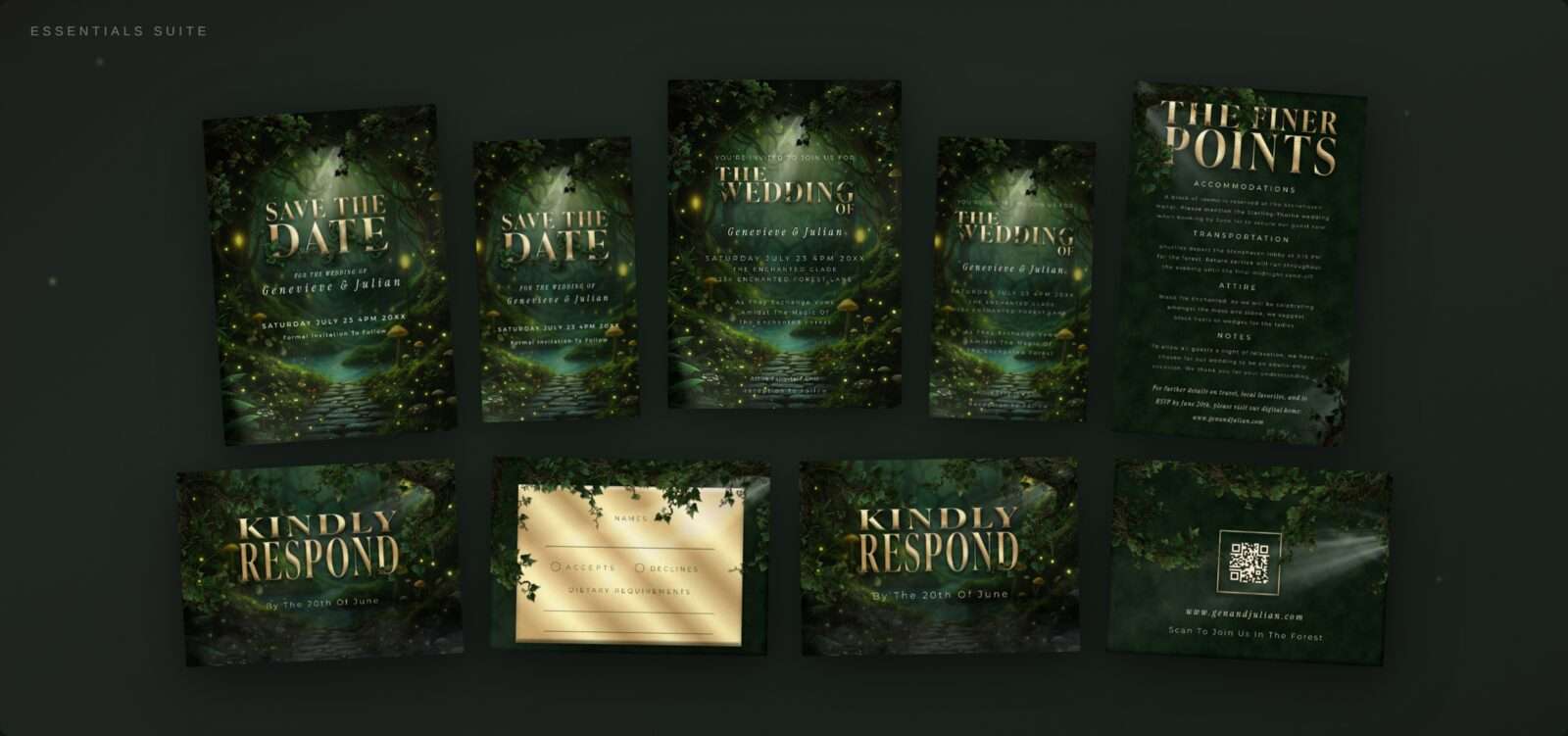 ThornBloom Studio Enchanted Forest wedding stationery suite showing all coordinated pieces from invitation to favor tags
