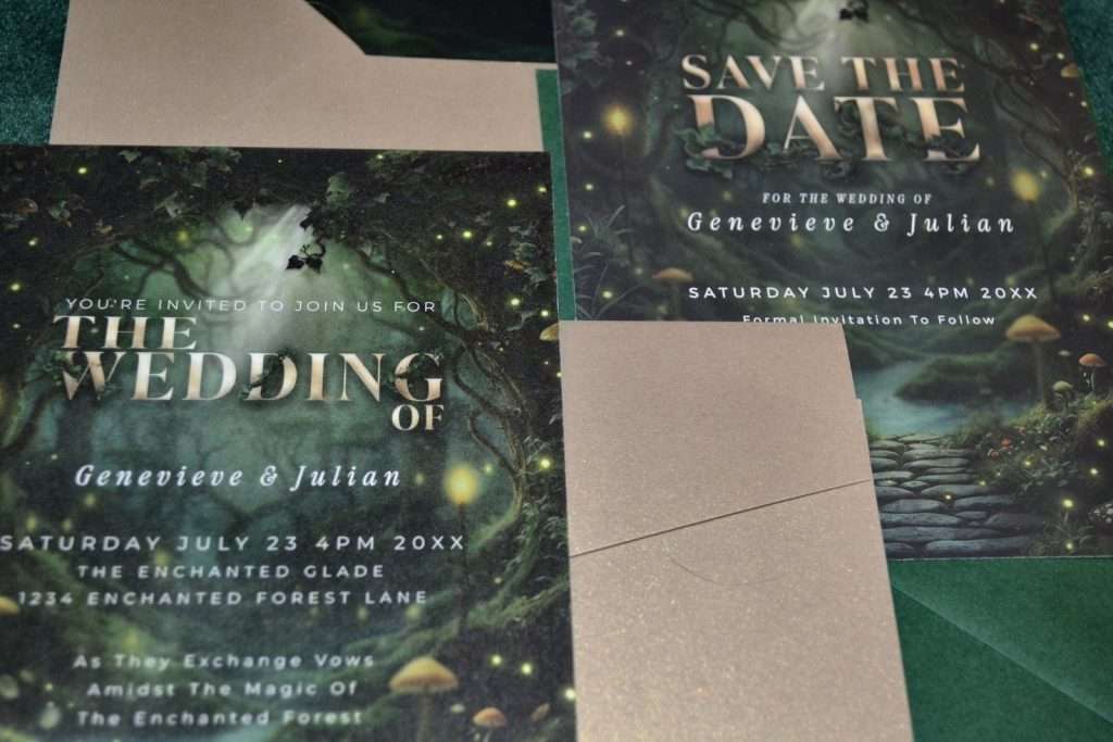 Close-up of Enchanted Forest wedding invitation artwork showing full-bleed woodland illustration