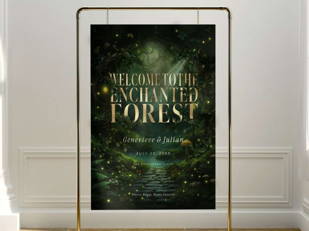 Enchanted Forest wedding welcome sign displayed on a freestanding gold stand