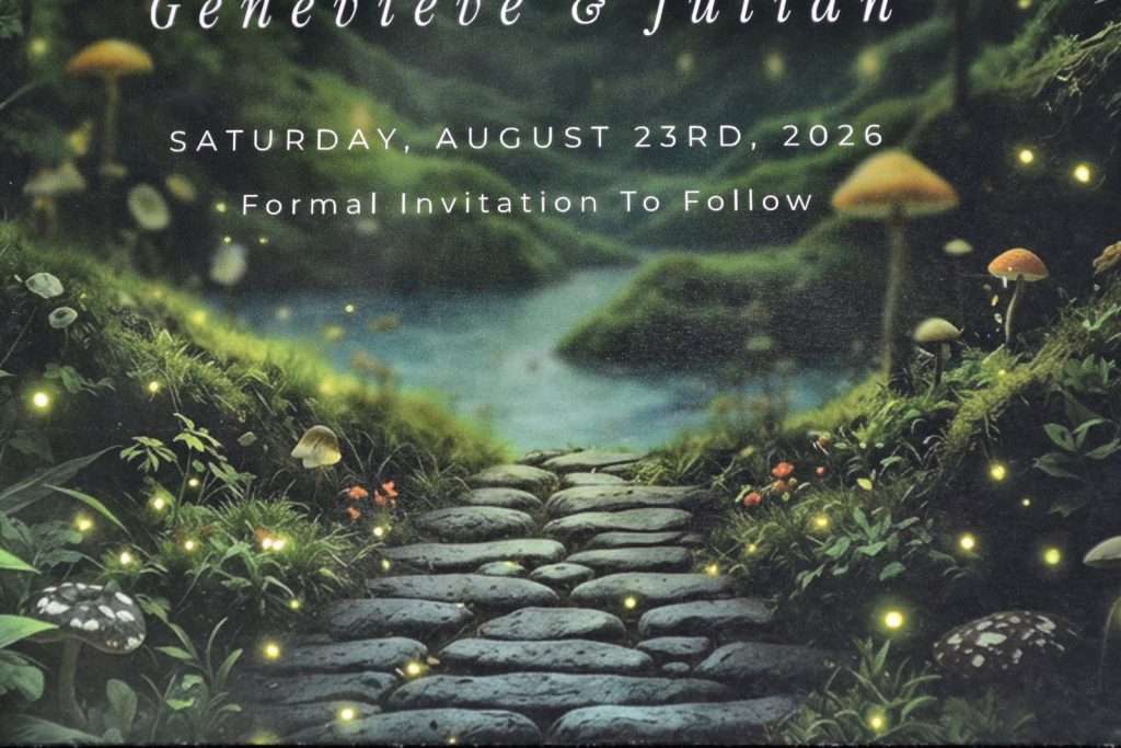 Close-up of Enchanted Forest invitation artwork showing a moss path and mushrooms