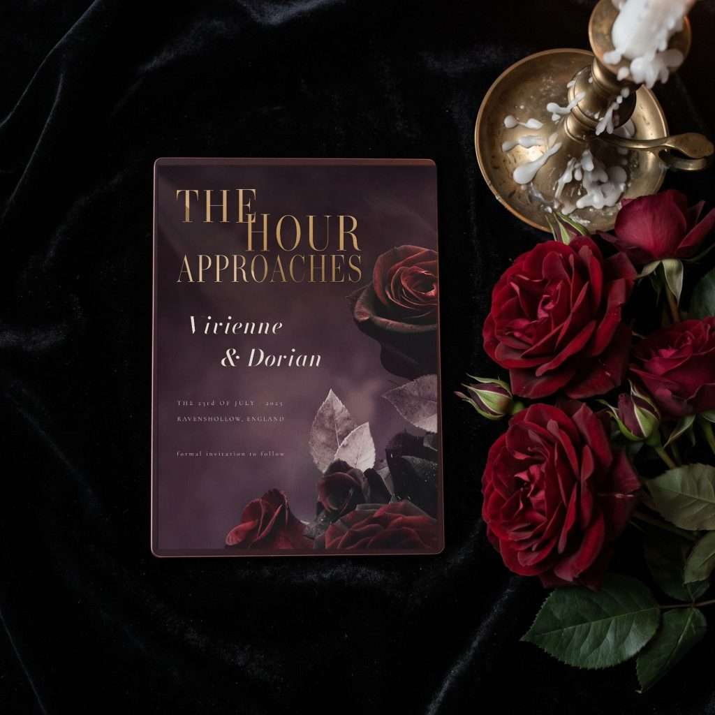 Dark Romance save the date magnet on a styled flat lay
