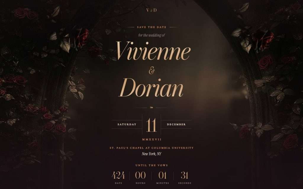 Dark Romance wedding website showing its save the date: names, date, city and a countdown