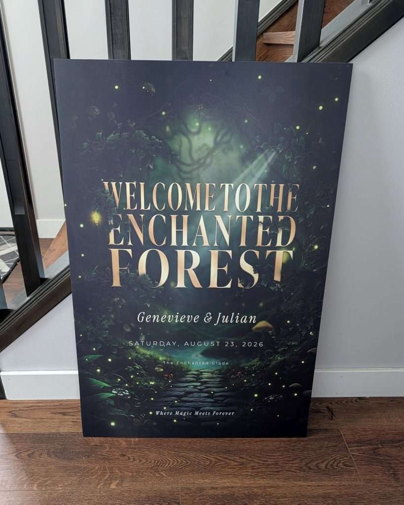 The Enchanted Forest welcome sign at 24 by 36, standing at the foot of a staircase to show its size in a real home