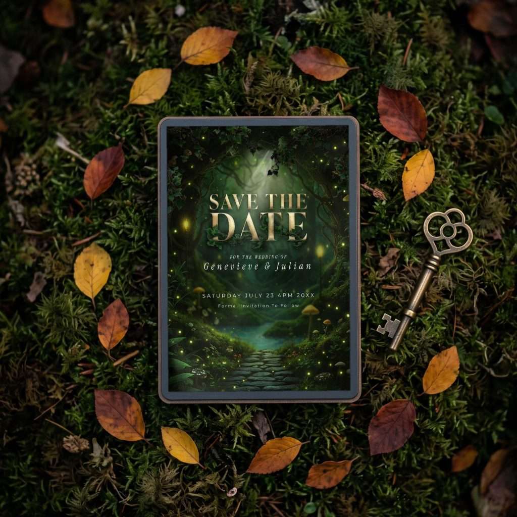 Enchanted Forest save the date magnet on a styled flat lay