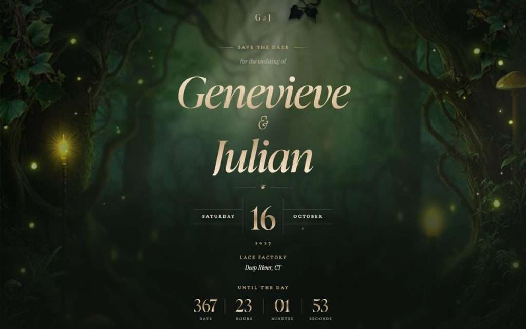 Enchanted Forest wedding website showing its save the date: names, date, city and a countdown