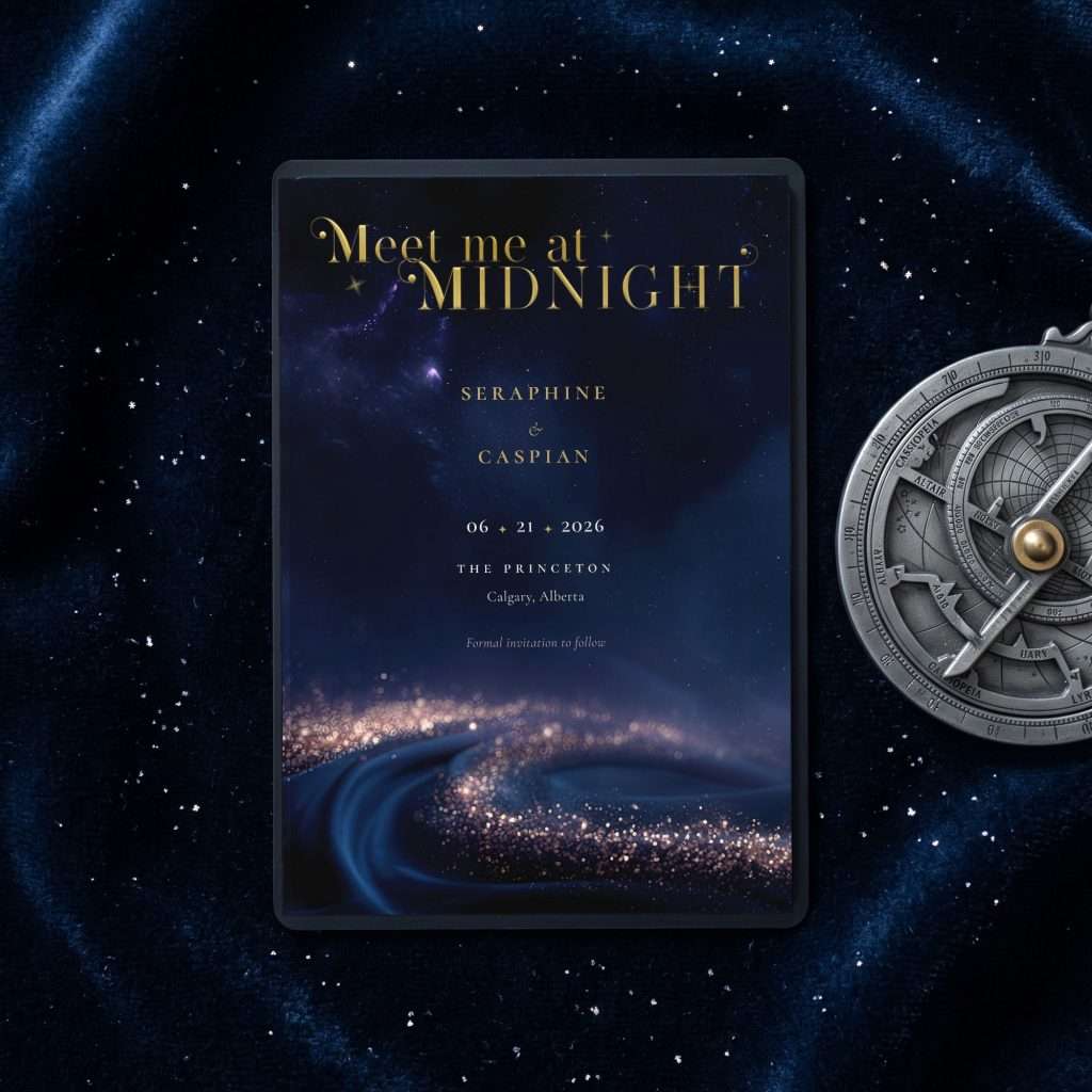 Midnight Celestial save the date magnet on a styled flat lay