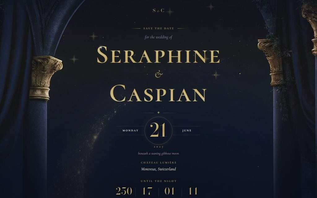 Midnight Celestial wedding website showing its save the date: names, date, city and a countdown