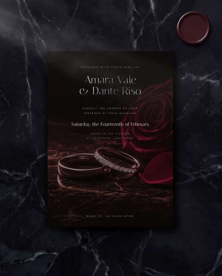 Obsidian Vow Invitation In Rose On Black Marble, Obsidian Vow