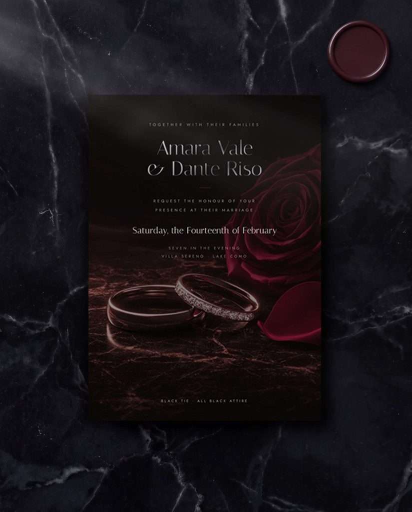 The Obsidian Vow invitation in Rose on black marble, two wedding rings on veined dark marble in the photograph beneath the names, a deep wine wax seal beside the card