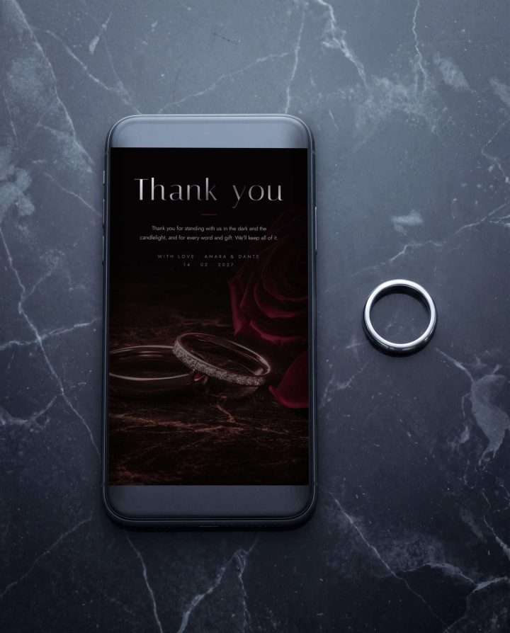 Obsidian Vow Mobile Thank You Card In Rose On Marble, Obsidian Vow