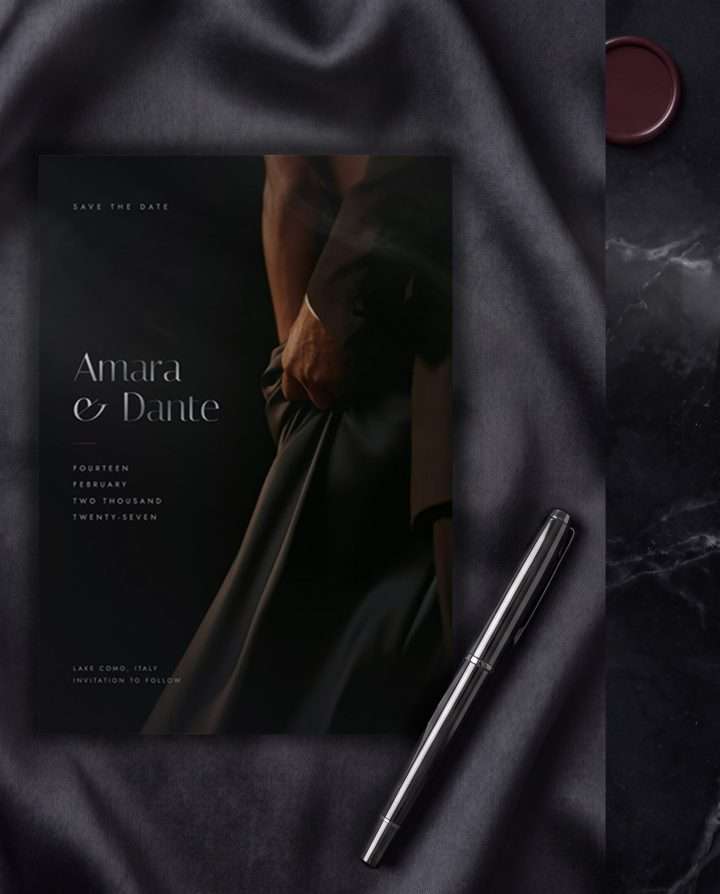 Obsidian Vow Save The Date On Dark Silk, Obsidian Vow