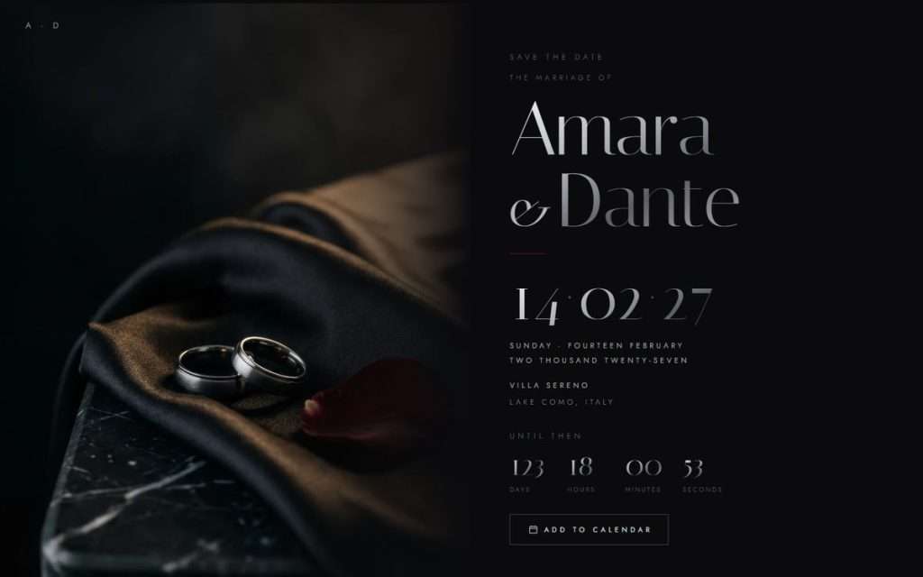 Obsidian Vow wedding website showing its save the date: names, date, city and a countdown