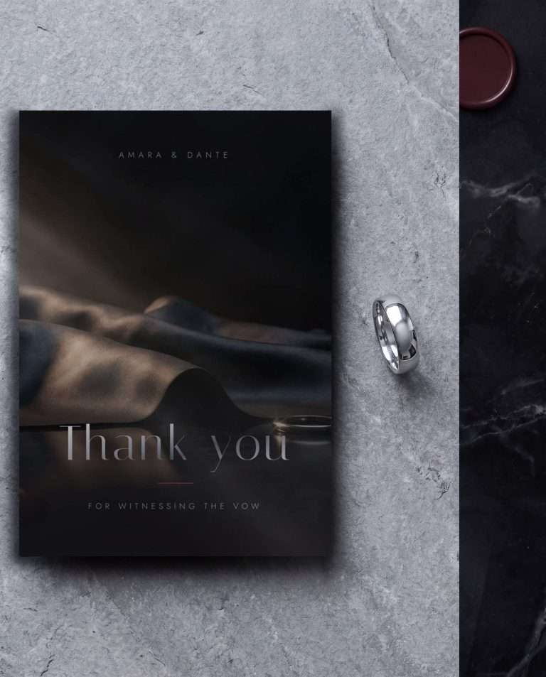 The Obsidian Vow flat thank you card, draped dark silk above the words Thank you, on grey stone beside a silver ring