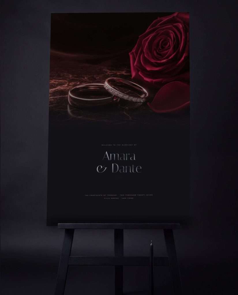 The Obsidian Vow welcome sign in Rose at 24 by 36 on a black easel. Print mockup.