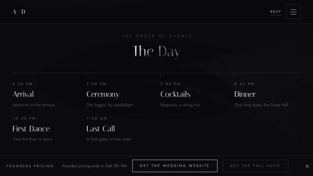 Day-of schedule listing ceremony, cocktails, dinner and last call hour by hour