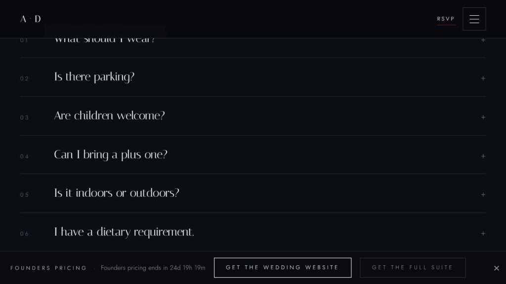 Guest FAQ accordion answering dress code, parking and plus-one questions