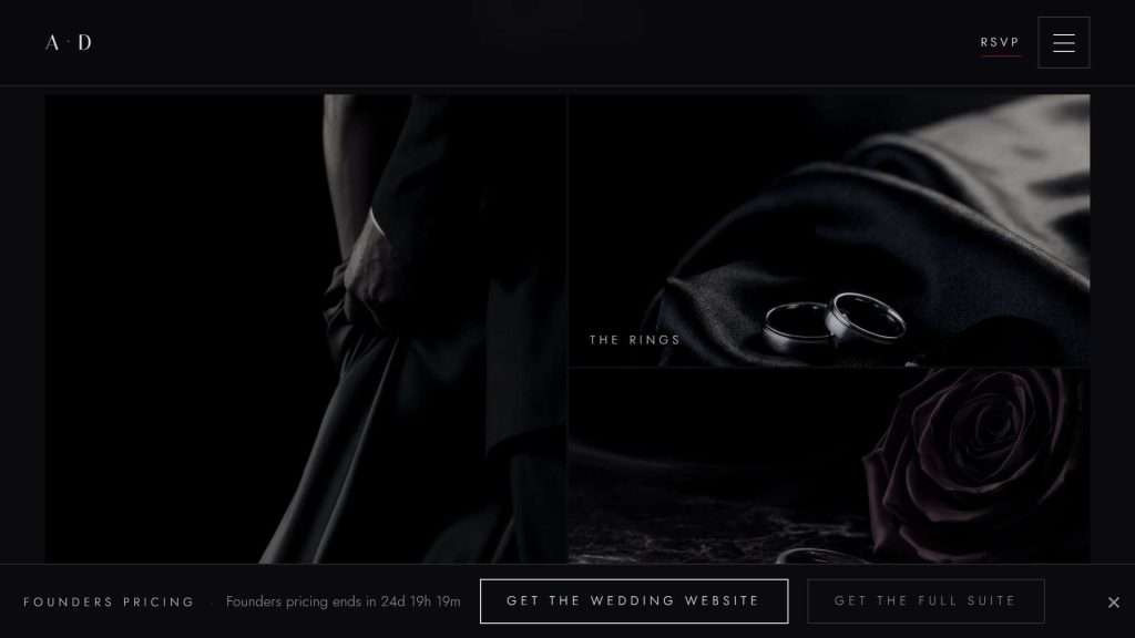 Photo gallery section on smoke black with wedding photography and captions