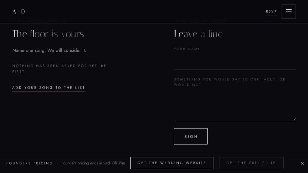 Digital guestbook section with guest messages on smoke black