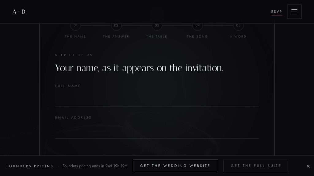 RSVP step on the Obsidian Vow wedding site, asking for the guest's name and email