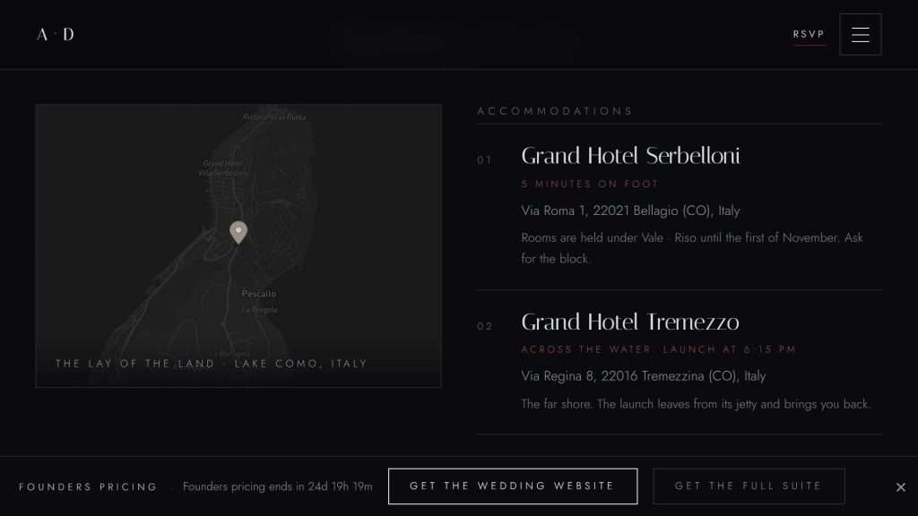 Travel and map section with hotel blocks and shuttle details