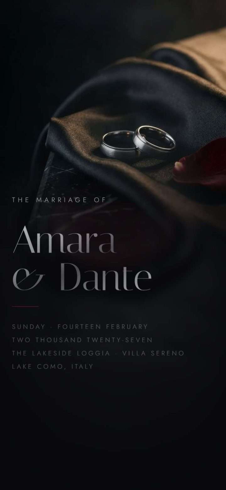 A phone screen showing the Obsidian Vow wedding website homepage, smoke black ground with gunmetal type