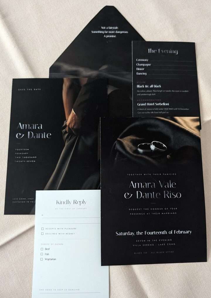 Obsidian Vow Silver Suite, Save The Date, Invitation And Reply Card, Obsidian Vow