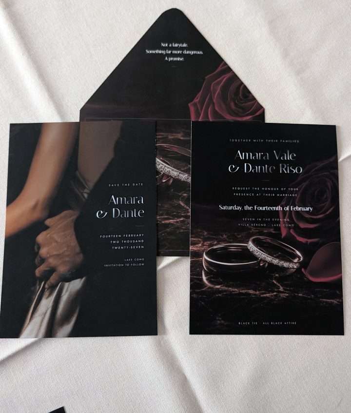 Obsidian Vow Suite, Silver Save The Date And Rose Invitation, Obsidian Vow