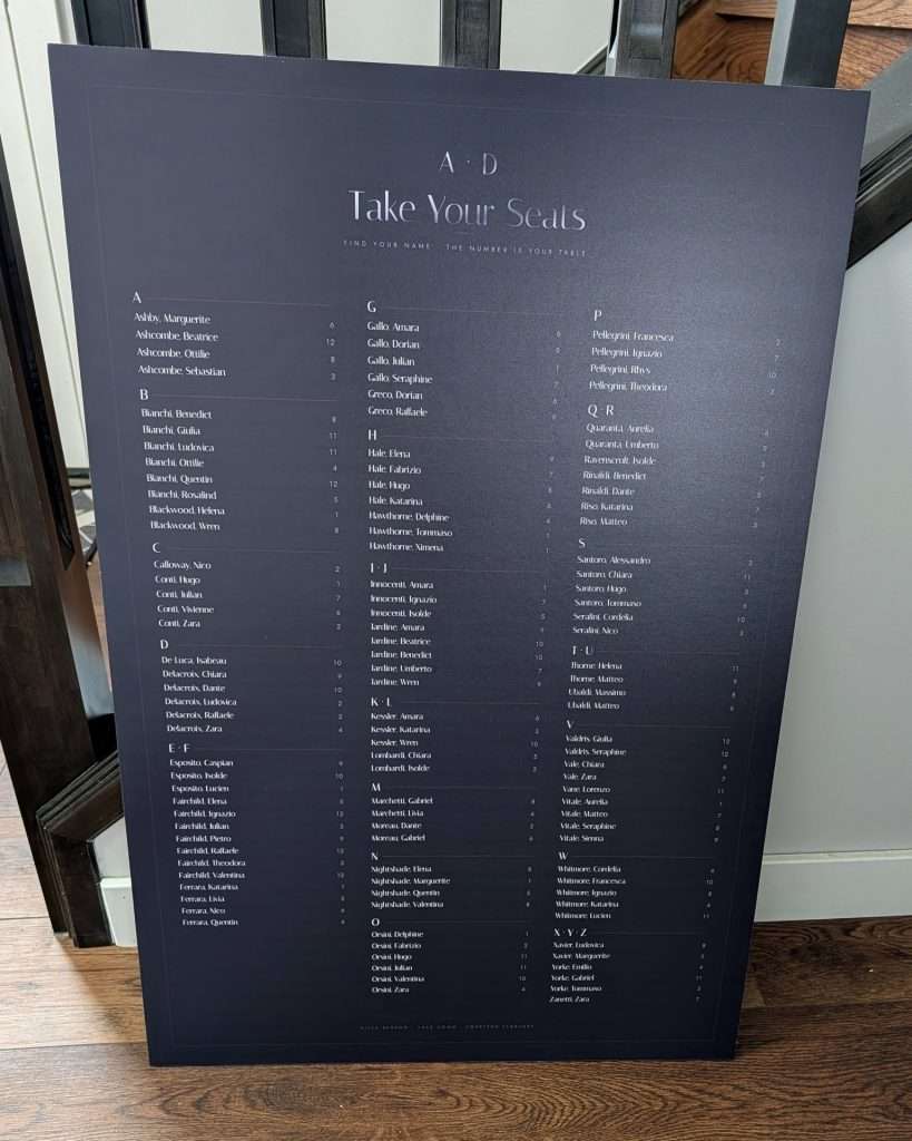 The printed Obsidian Vow seating chart on foam board, from the Day-Of Suite