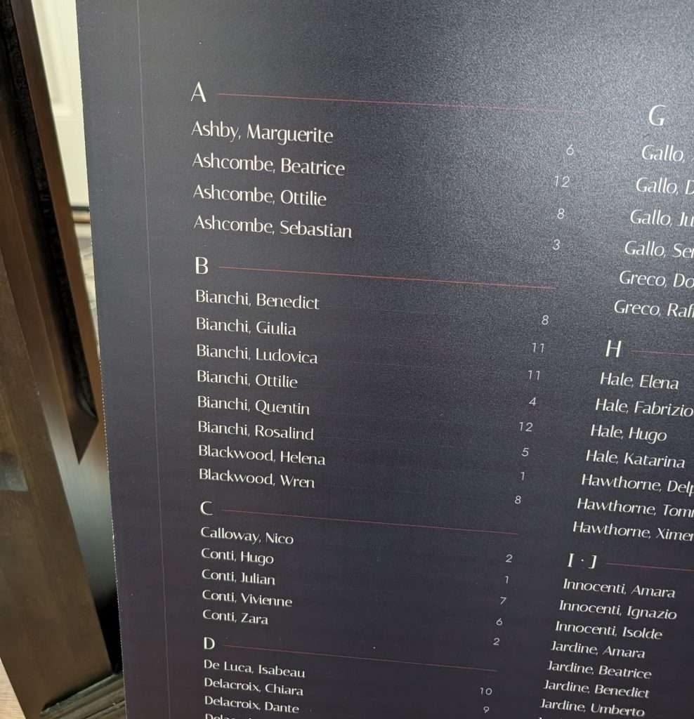Close up of guest names on the printed Obsidian Vow seating chart, listed alphabetically by surname under each letter, a table number beside each name
