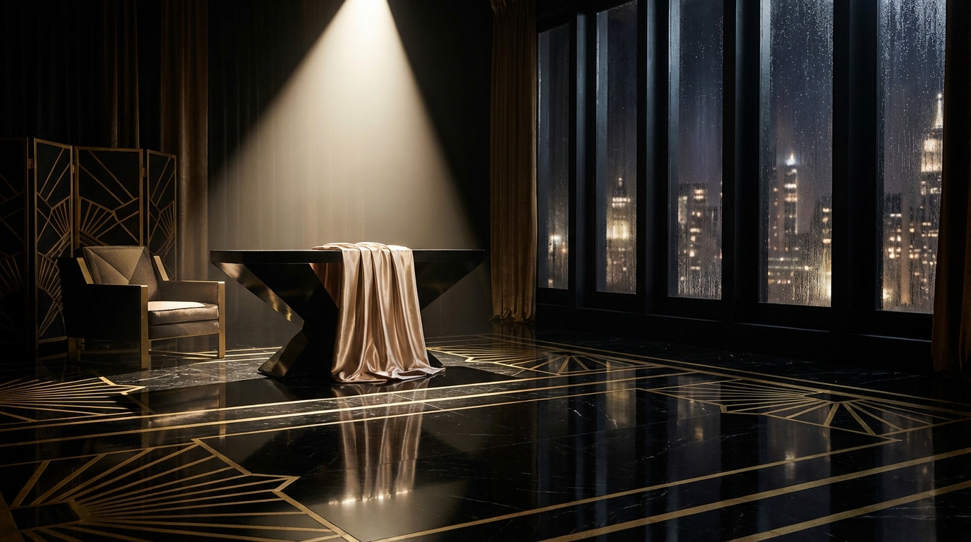 Art Deco penthouse interior at dusk with silk drape over black table and geometric gold floor inlay