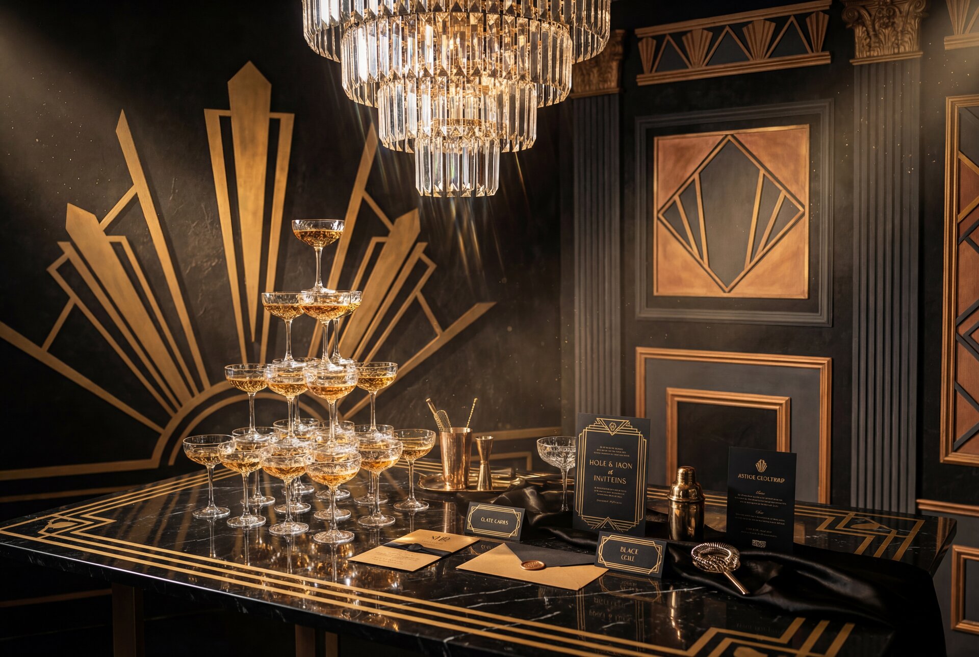 Art Deco reception atmosphere with champagne tower, crystal chandelier, and geometric gold screen