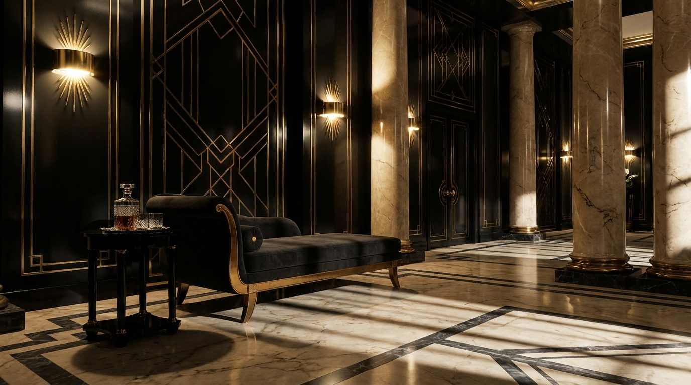 Fantasy Art Deco interior with gilded geometric walls, marble floor, black velvet chaise, and crystal decanter