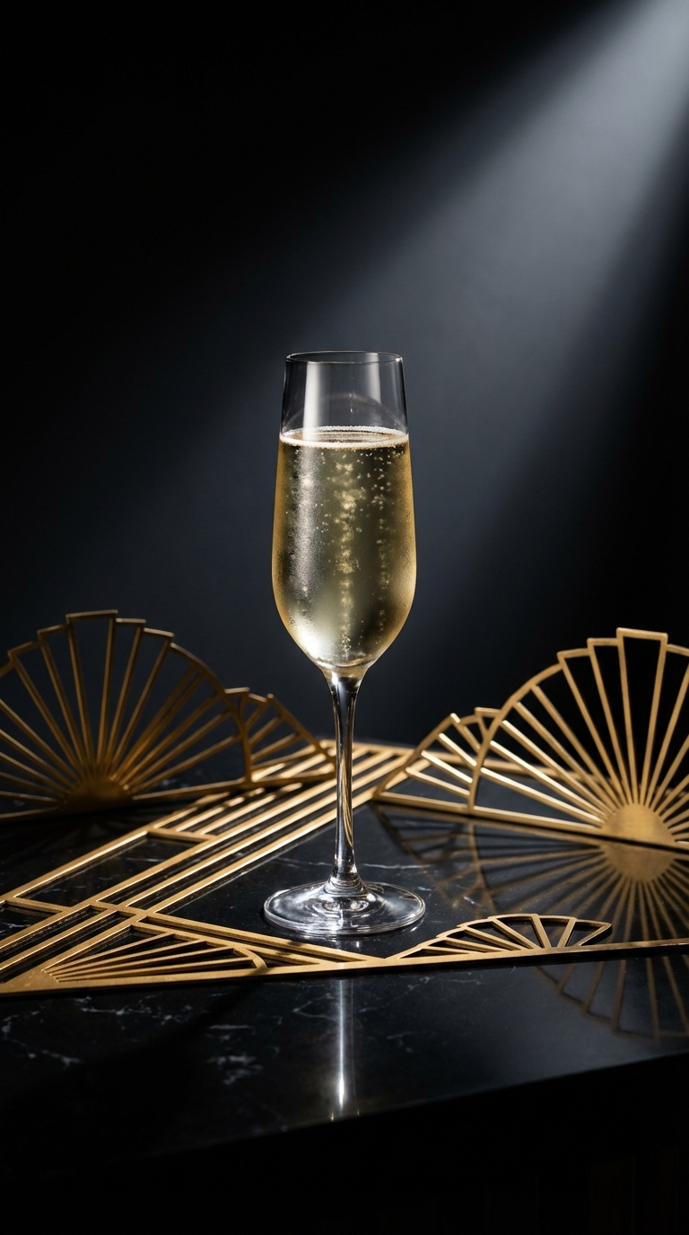Champagne flute with gold sunburst Deco ornament on black marble under single shaft of stage light