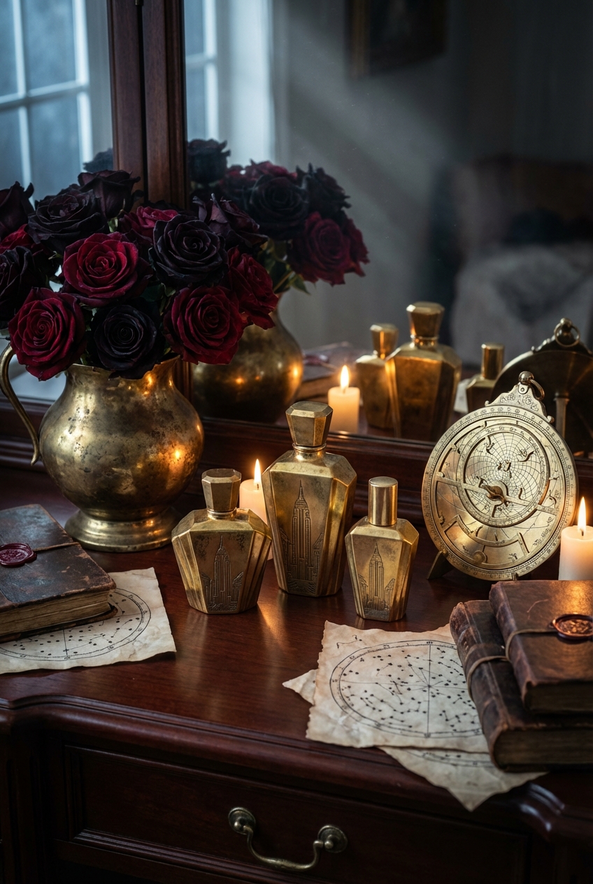 Antique vanity with brass Deco perfume bottles, astrolabe, leather journals, aged star chart and dark roses in brass pitcher
