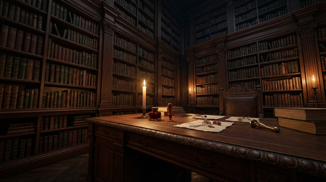 Old library interior with candlelit desk, brass reading lamp, quill, and antique globe against dark wood shelves