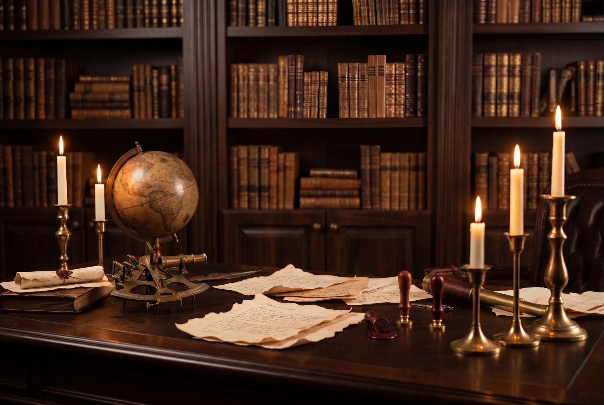 Dark academia library hero with brass candlesticks, antique globe, sextant and aged parchment on polished desk
