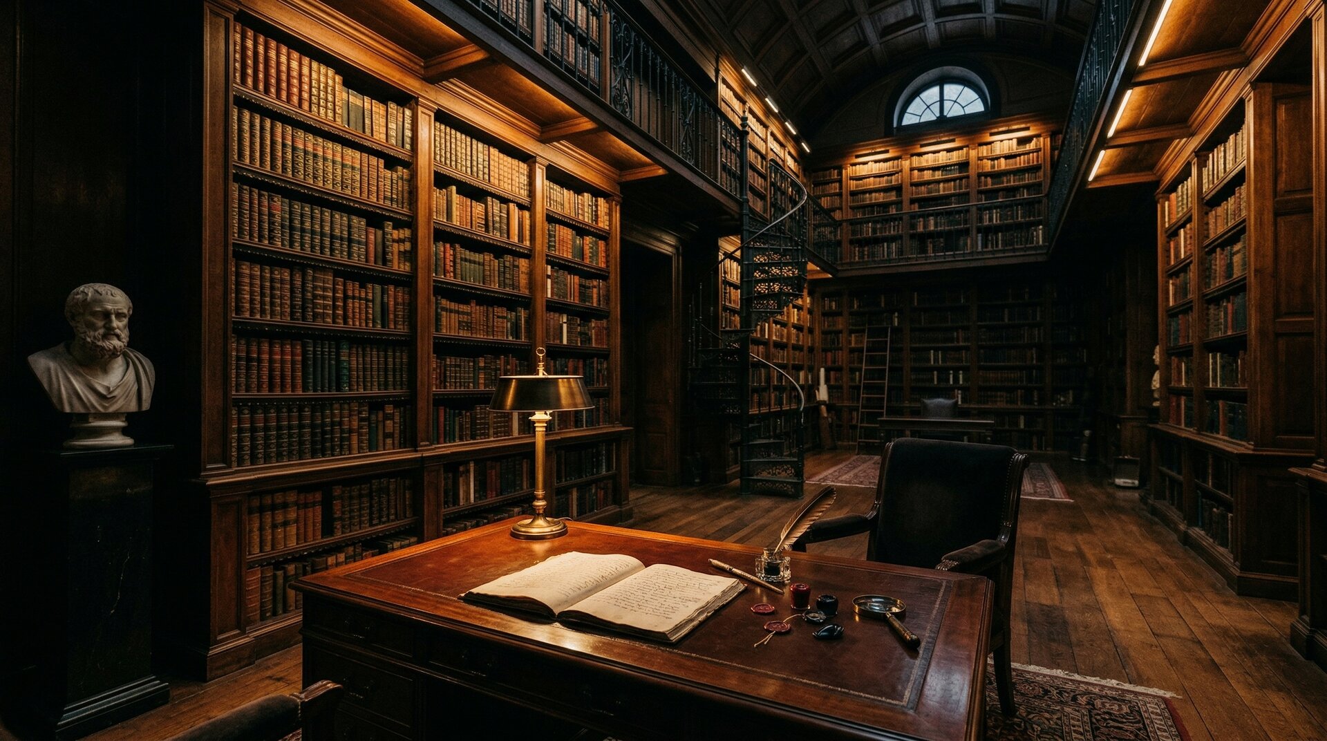 Candlelit leather-bound library with spiral staircase, marble bust, and brass desk lamp over open volume