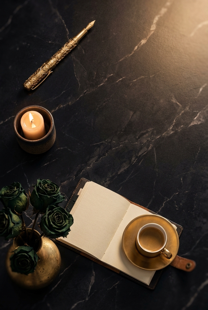 Dark marble desk with ornate brass fountain pen, brass candle, open leather planner, brass espresso cup, and dark roses in a brass vase