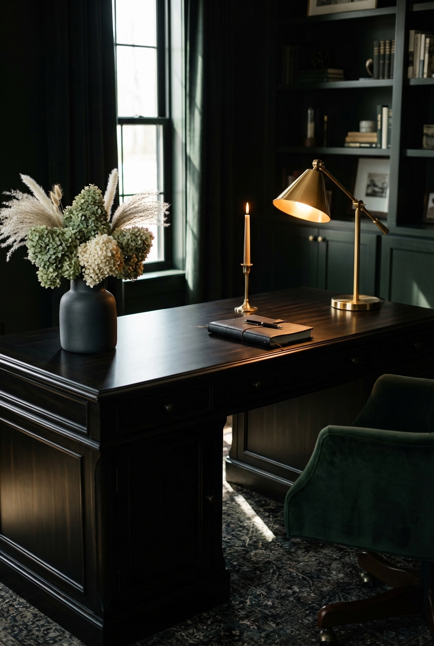 Dark forest study with brass task lamp, dried hydrangeas, leather planner, candle, and velvet chair