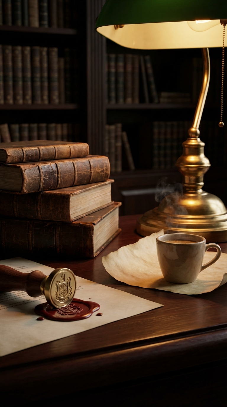 Atmospheric dark academia scene with leather books, brass banker's lamp, espresso cup and wax seal on parchment