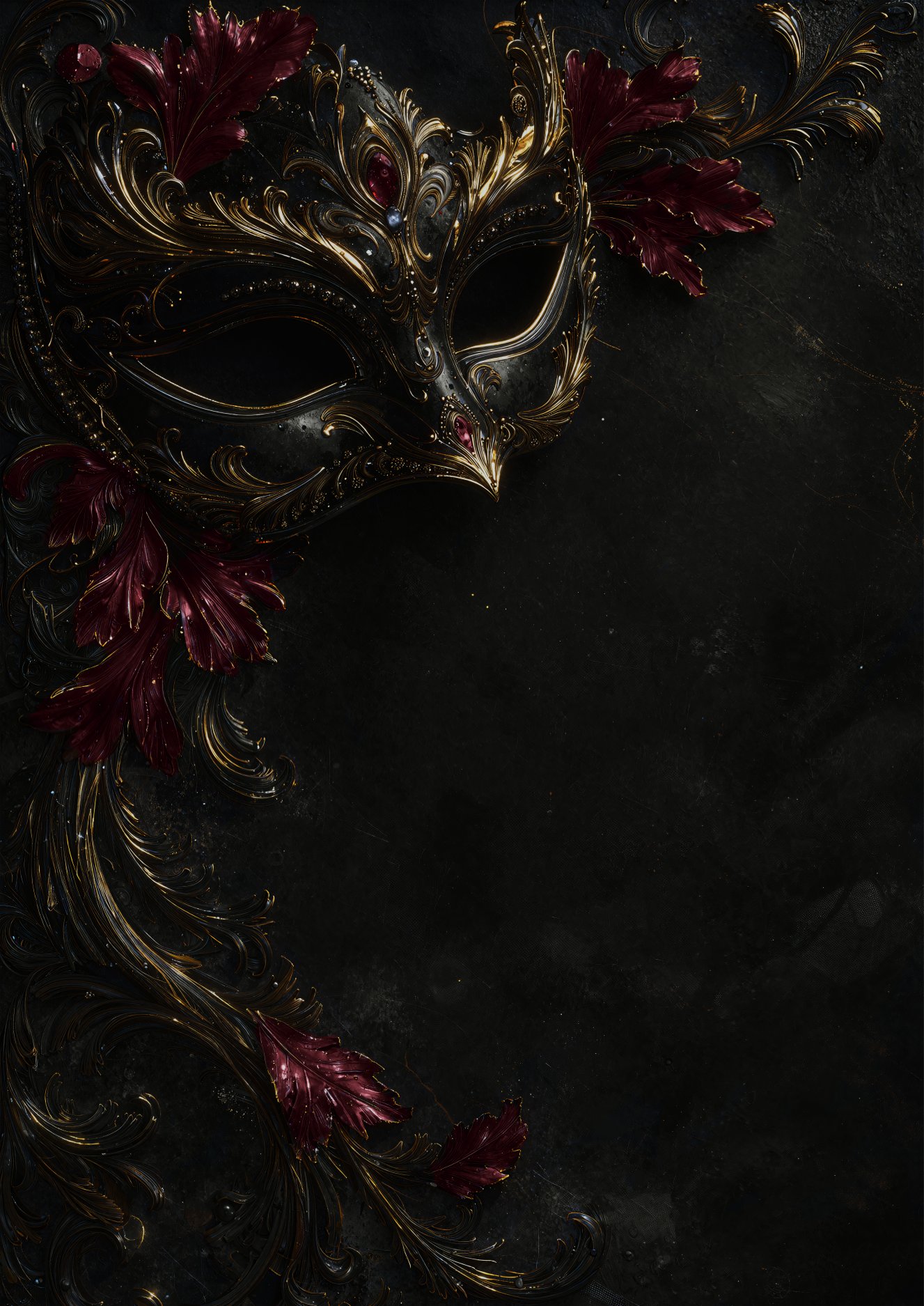 Ornate Venetian mask on crimson velvet with candlelight
