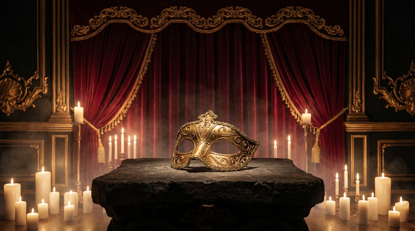 Venetian mask staged on gilded plinth against deep wine backdrop