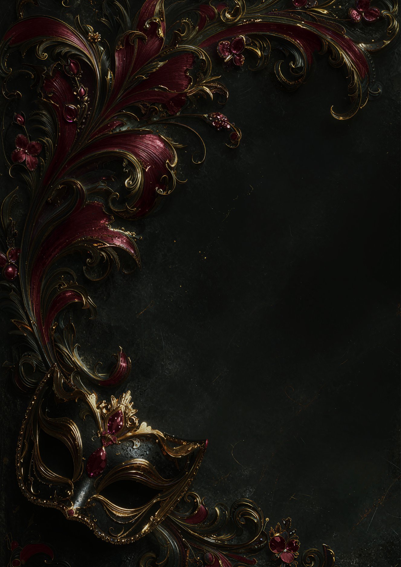 Gilded filigree mask detail against deep wine backdrop