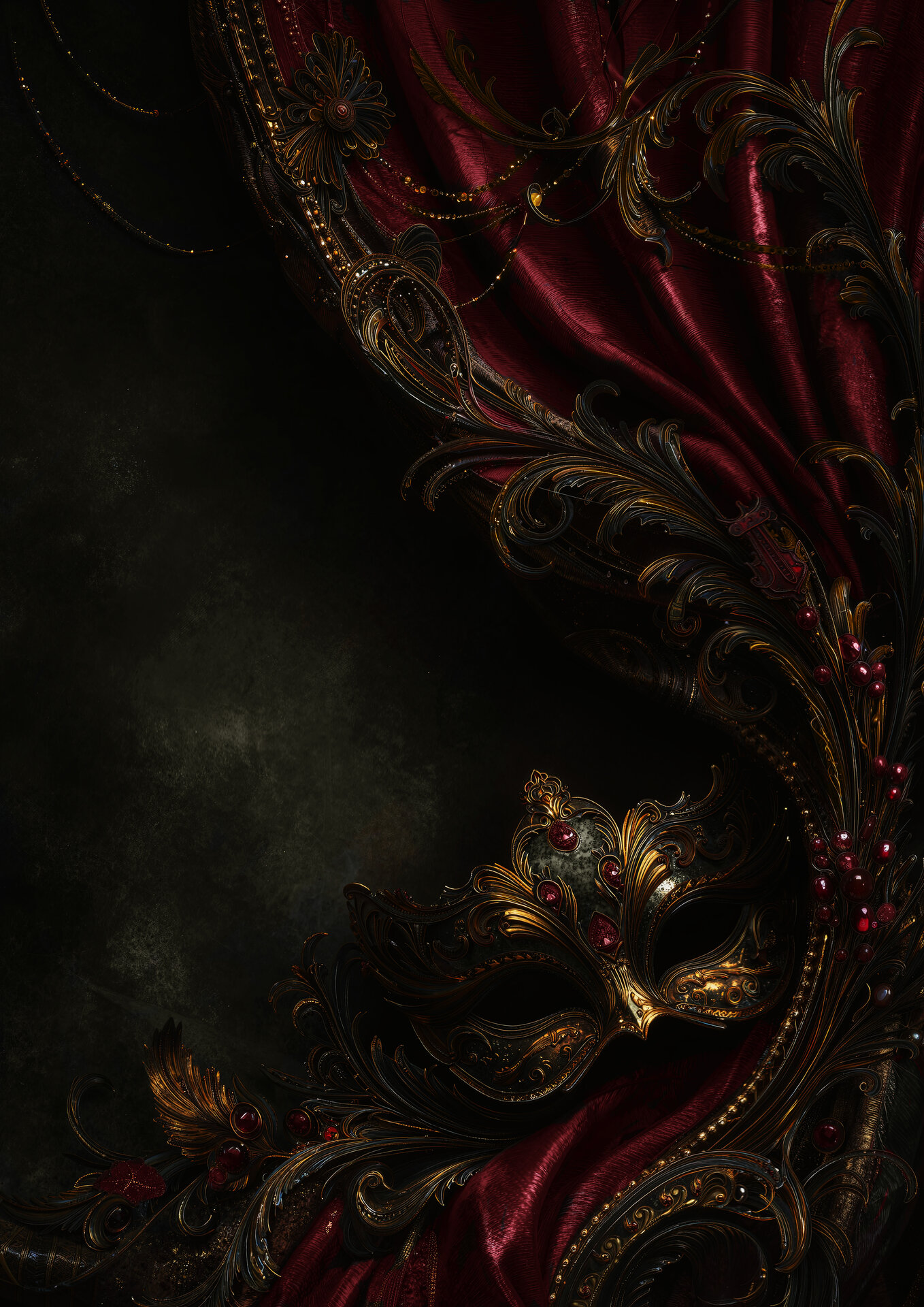Theatrical candlelight over crimson and gold masquerade setting