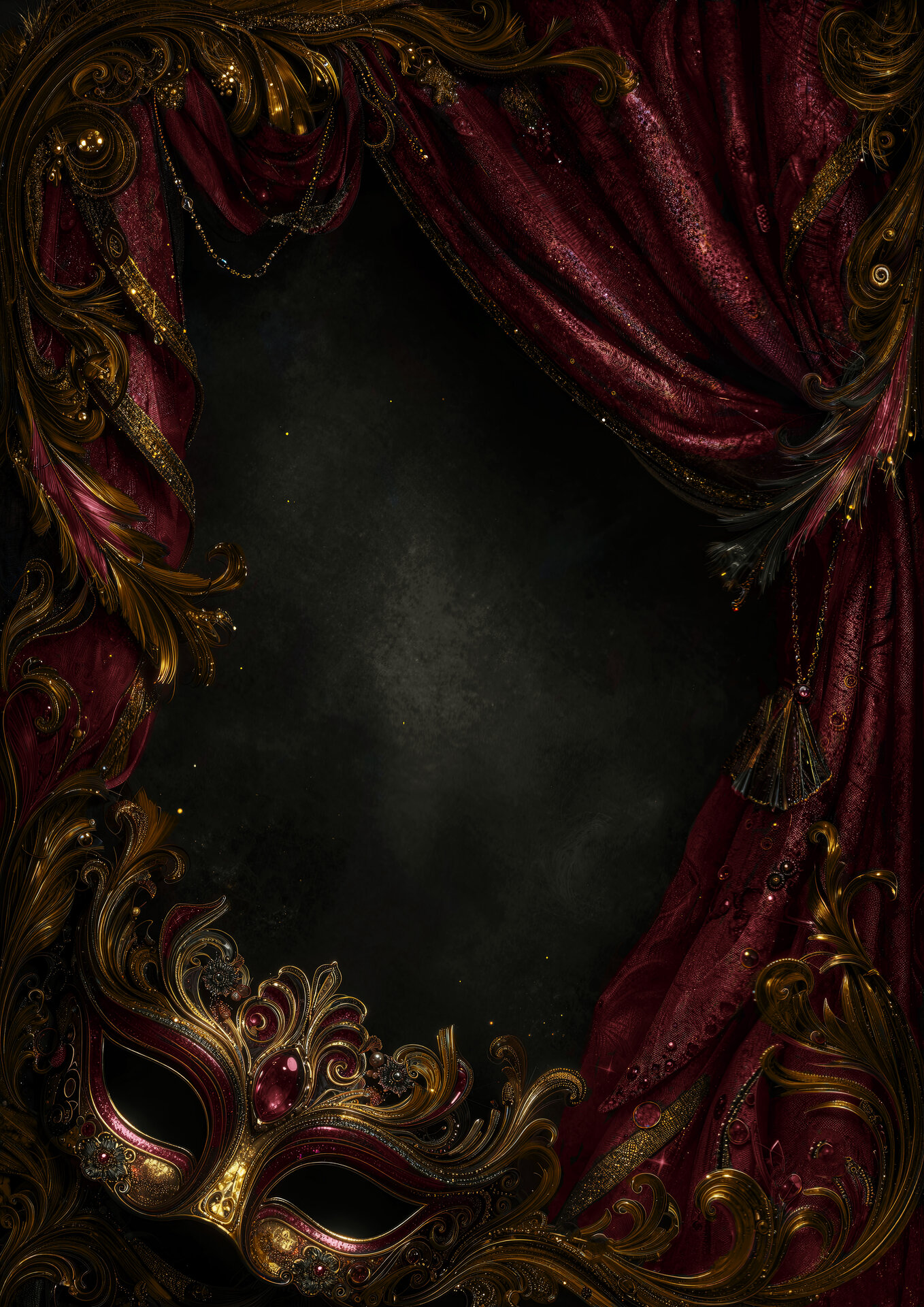 Heavy crimson theater curtain with tasseled gold trim
